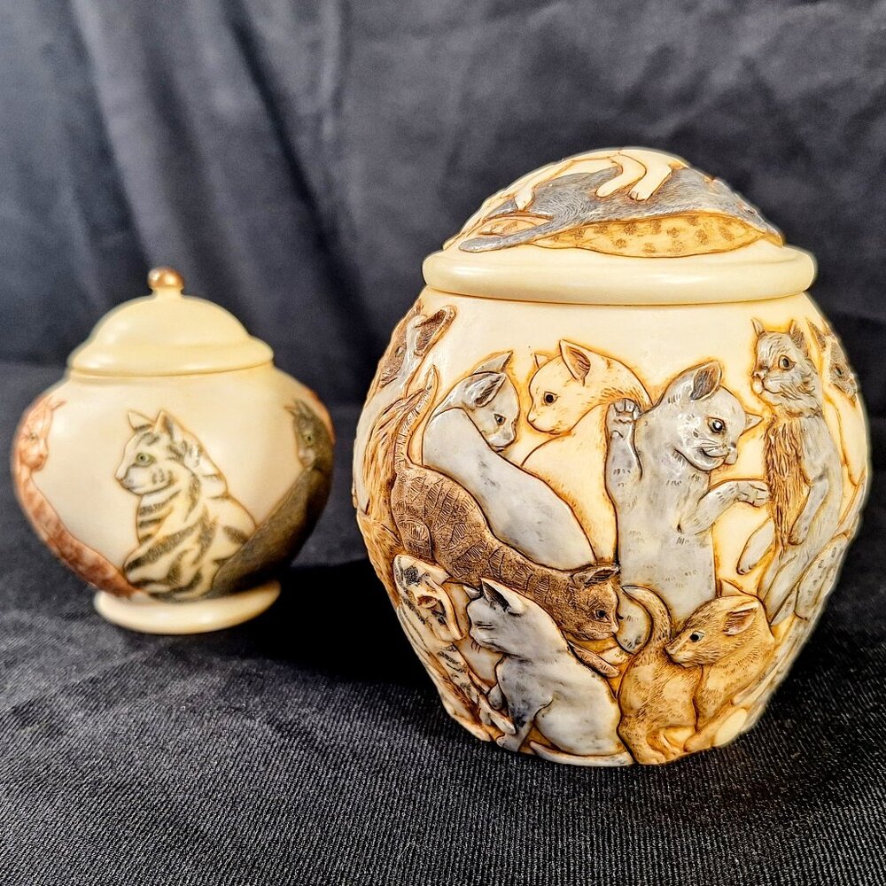Jardinia Set Of 2 Trinket Box Urn On the Lookout and Cats Galore Kitty Lovers